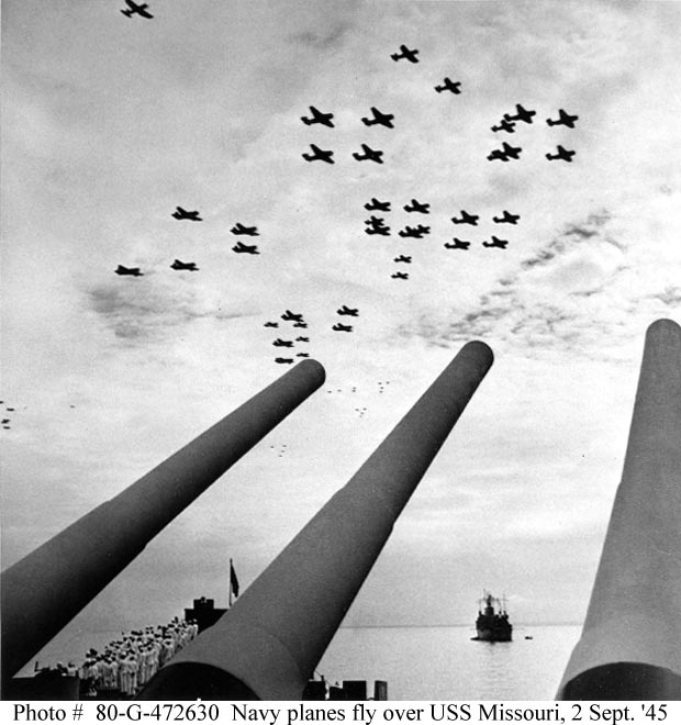 1945Sept2_Carrier planes fly over guns of USS Missouri
